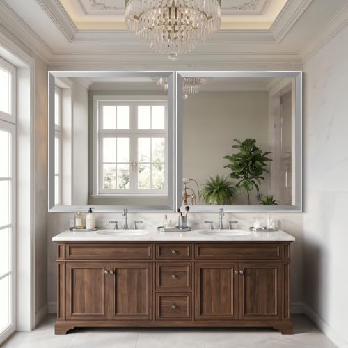Image of DESBING 36 inchx40 inch Silver Bathroom Mirrors for Over Sink | Tempered Glass, Metal Frame, Rectangle Vanity Wall Mirror for Bathroom, Living Room, Bedroom, Horizontally or Vertically