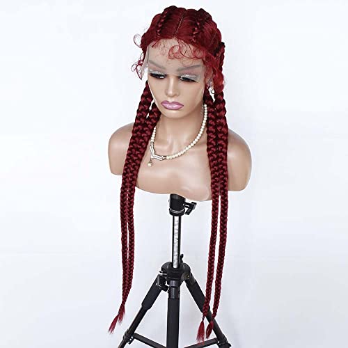 Melody 36" Synthetic Red Lace Front Wig - 4Box Braid With Baby Hair, 100% Handmade Long Braiding Hair
