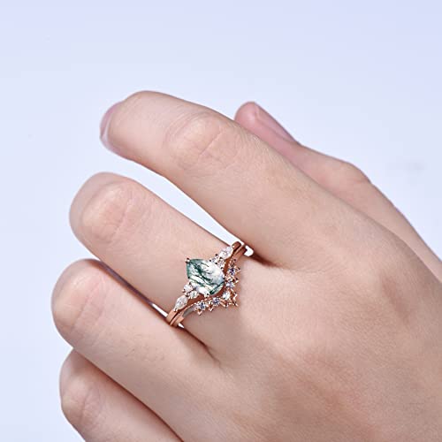 1.25Ct Pear Bridal Set Natural Green Moss Agate Ring Marquise Moissanite Ring Lace Milgrain Alexandrite Wedding Band June Birthstone Jewelry Anniversary/Promise/Birthday Gift,With Delicated Gift Box #TOP1