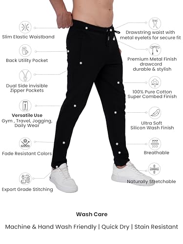 Image of Clans & Hans Men's 100% Pure Cotton Regular Fit Mid Rise Track Pant with Zipper Side Pockets and Back Pocket | Casual Gym Jogging Lounge Wear