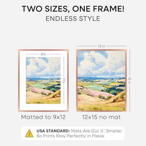 Image of Homeforia 12x15 Rose Gold Picture Frame, High End Metal 12x15 Poster Frames with Mat 9x12 Photo, 12 x 15 Rose Gold Frames Matted to 9 by 12 Print, 15x12 Thin Frames, Tempered Glass, Wall Kit, Set of 1