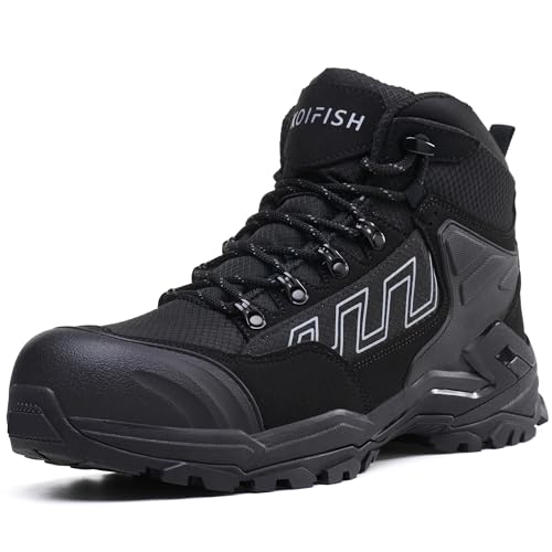 KOIFISH Botas de Seguridad para Hombre S3 Impermeable Botas de Trabajo Punta Compuesta Antideslizante Antiestático Calzado de seguridad de Caña Alta Negro 48