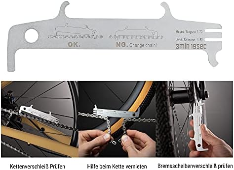 3min19sec miernik zużycia łańcucha 3w1, narzędzie do pomiaru wszystkich łańcuchów rowerowych, hamulców tarczowych (Shimano, Avid, Hayes, Magura) i nitowania | przymiar do łańcucha | linijka | miarka