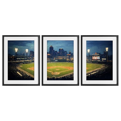 Stupell Industries 'Baseball Stadium Night View'�A3pc�t���[���v�����g�A���_�[�K���X�Z�b�g�A�u���b�N�A47 x 63�C���`�A�|���₷�����A�č����AArlington Prints��
