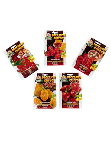 L'ORTOLANO-OFFERTA- 5 BUSTE Di Semi Da Piantare-Peperoncini Piccanti-Peperoncino Italico, Trinidad Moruga Scorpion, Naga Morich, Habanero Orange, Habanero Red Caribbean.