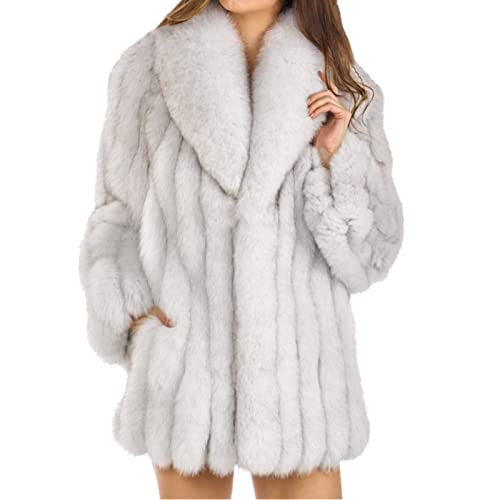 Lisa Colly Women Winter Turn Collar Thick Faux Fur Coat Jacket Faux Fox Fur Coat Long Artifical Fur Coats Overcoat (Silver,5X-Large) #TOP19