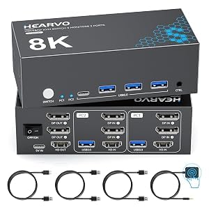 Hearvo 3 Monitor KVM Switch for 2 Computers, 2 DisplayPort + HDMI | Supports 8K@60Hz / 4K@144Hz, USB 3.0 Sharing Hub, HDCP 2.3, Wired Remote, EDID Adaptive S7241PH3