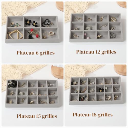 Jinavoty Lot de 4 organiseurs de bijoux pour tiroir - Plateau à bijoux en velours - Boîte de rangement pour boucles d'oreilles (gris) – vue 2
