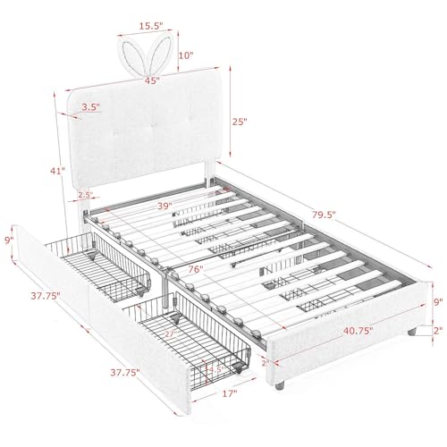 Image of Twin Led Bed Frame with 4 Storage Drawer, Upholstered Platform Floor Bed with Rabbit Ear Headboard Daybed Strong Wooden Slats No Box Spring Needed for Kids Girls Boys, Blue