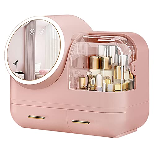 YXYH Cosmetic Organizer with Fan and 360Â° Rotating LED Mirror 3 Color Adjustable Makeup Organizer Storage Box Standing Countertop Multifunctional Storage Box (Color : Pink)