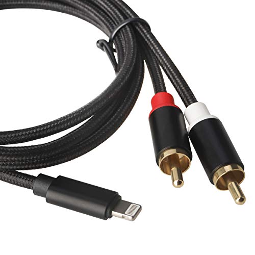 Drimfly 2 Male RCA Audio Stereo Breakout Auxiliary Cable Y Splitter Adapter?Compatible with iPhone iPod iPad 8-Pin Lighting Port for Car, Home Stereo, Speakers - Nylon Braided,6 Feet