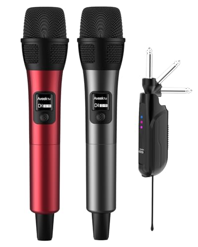 Aveek Micrófono Inalámbrico, Alcance 80 m, Autonomía 40 h, Rojo & Gris