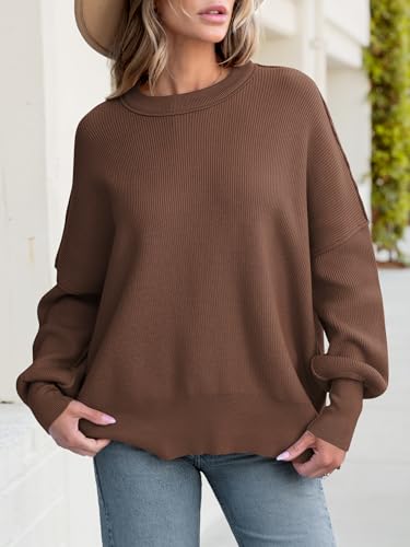 Image of ANRABESS Women Oversized Sweaters Batwing Long Sleeve 2026 Fall Outfits Crewneck Casual Knit Side Slit Fashion Pullover Top
