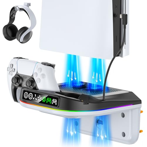 Image of P5 Wall Mount Kit Cooling Station with Dual Controller Charger, Floating Shelf Behind TV for P5 /Slim /Pro, Wall Bracket Compatible with P5 Disc & Digital, 9 RGB Lights P5 Fan Accessories, Black & White