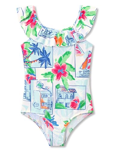 Dvenki Girls' One Piece Swimwear for Kids Quick Dry Ruffle Adjustable Straps Flower House Print Swimsuit Set Size 2T/3T