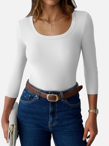 GKBK Womens 3/4 Sleeve Scoop Neck Tops Ribbed Knit Slim Fitted Casual Basic Tee Shirts 2026 Summer Fashion Trendy Work Casual T-Shirt Workout Outfits Thermal Undershirts Layering Clothes White L — view 2