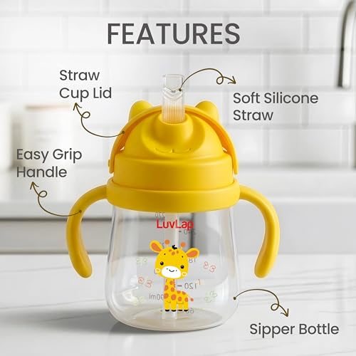 Image of LuvLap Joy Anti Spill Sipper for Kids with Twin Easy-Grip Handles, 270 ml, Sippy Cups with Soft Silicone Straw, Training Cup for Kids,Water Bottle, Non-Toxic & BPA Free, 1 Year+ (Yellow)