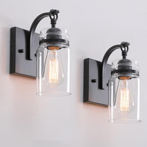Image of Black Wall Sconces Set of Two, Black Sconces Wall Lighting Fixtures with Clear Glass Indoor 1-Light Bathroom Wall Sconce for Bathroom Hallway Stairwell