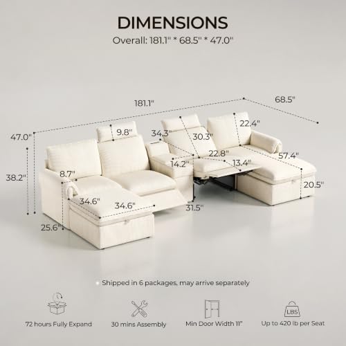 Image of CHIC HOUSE 181 inch 4-Seat Modular Power Reclining Sectional Couch, Beige