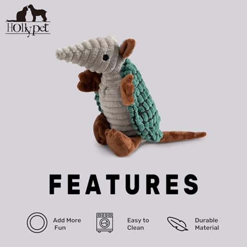 Image of Hollypet Plush Dog Squeaky Toy Stuffed Armadillo Animal Pet Puppy Chew Toys with Clean Teeth for Small Medium Large All Breed Sizes Dogs, Deep Green,8 in