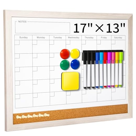Dry Erase Calendar Whiteboard for Wall - 17x13 Inch Magnetic Whiteboard, Reusable Monthly Planner Board for Home Office, Classroom, Teachers & Students (White)