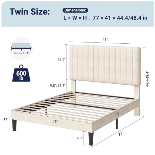 Image of Allewie Twin Bed Frame, Upholstered Platform Bed with Adjustable Vertical Channel Tufted Headboard, Mattress Foundation with Strong Wooden Slats, Box Spring Optional, Easy Assembly, Chenille White