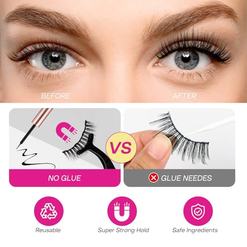 Image of CALAILIS Magnetic False Eyelash and Magnetic Eyeliner Kit, Eye Makeup Waterproof Liquid Eye Liner, 3D Faux Mink Lashes Natural Reusable Lashes 3 Pairs, Free Applicator(CY01)