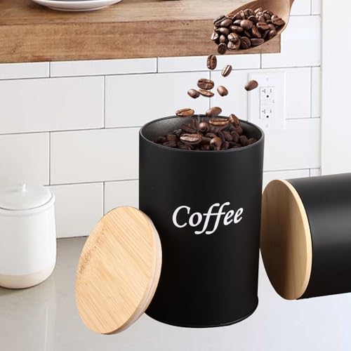 LOLYSIC 3Pcs Tea Sugar Coffee Canisters, Round Metal Tea Coffee Sugar Tin Containers with Bamboo Lid, Kitchen Storage Canister Jars (Black) - Cosy Home Interiors LOLYSIC 3Pcs Tea Sugar Coffee Canisters, Round Metal Tea Coffee Sugar Tin Containers with Bamboo Lid, Kitchen Storage Canister Jars (Black) - Image 3