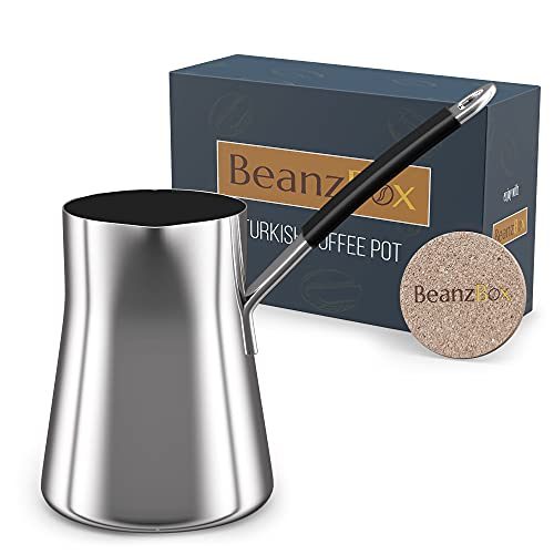 BeanzBox Turkish Coffee Pot -Stainless Steel Warmer Pot for Chocolate and Butter Melting, Greek and Arabic Coffee Pot, Briki - Cevze, 15.2 ozâ€¦