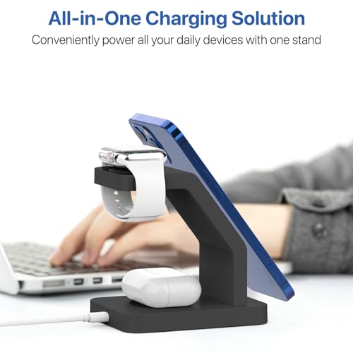 Image of eller sante Combo 3in1 23W Magnetic Mag-Safe Wireless Charger with 30W Fast Charger Adapter for iPhone 17 /17 Air /17 Pro /17 Pro Max, 16 /16 Plus /16 Pro /16 Pro Max, 15 /14 /13 /12, Airpods, iWatch- Black