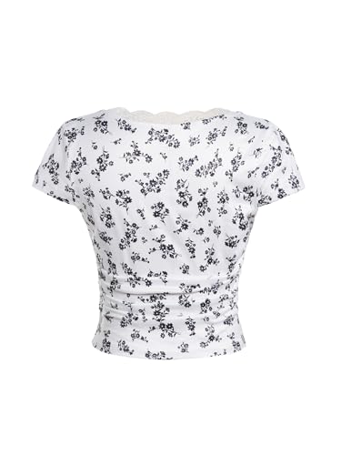 Image of RoseSeek Girl's Ditsy Floral Print Lace T Shirt Short Sleeve Ribbed Ruched Cute Tee Shirts Summer Tops