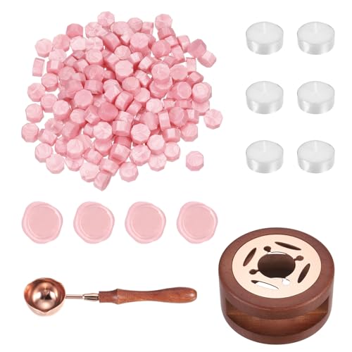 PATIKIL Kit de sellado de cera, 150 cuentas de sellado de cera, calentador de madera, cuchara derretida, 6 velas de té para sobres, cartas, manualidades, bricolaje, rosa perla
