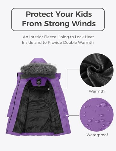 Image of Wantdo Girls Winter Coats Long Puffer Jackets Fleece Lined Removable Hood | Removable Faux Fur Hood, 5000mm Waterproof, Machine Washable