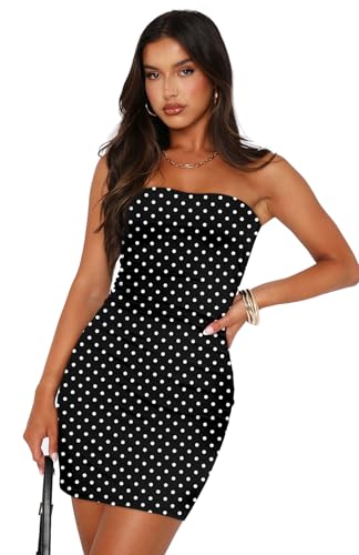 Image of OFEEFAN Summer Dresses for Women 2025 Strapless Ruched Party Club Bodycon Mini Dress