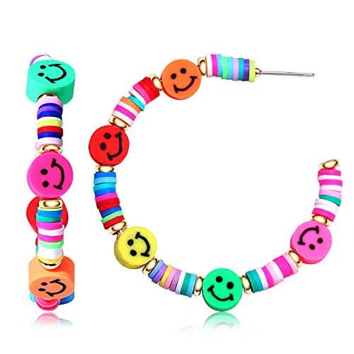 NLCAC Smiley Face Earrings Colorful Cute Smiley Face Heishi Beaded Hoop Earrings Statement Summer Earrings for Women Girls