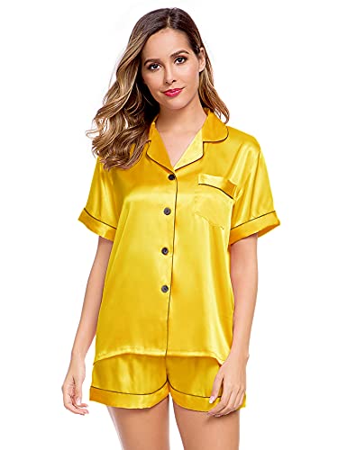 Image of LecGee Womens Silk Satin Pajamas Short Sleeve Loungewear Two-Piece Sleepwear Button-Down Pj Set