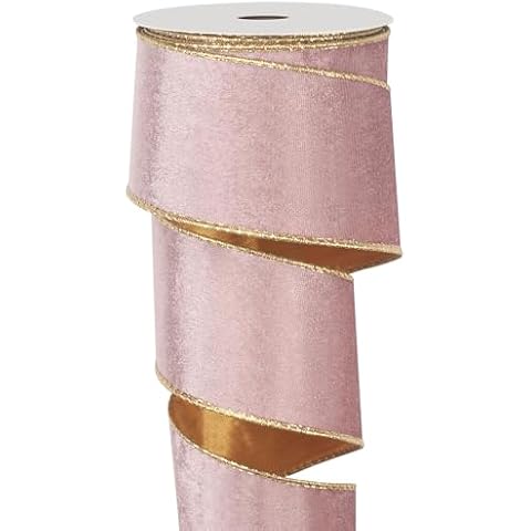 Wired Velvet Ribbon for Christmas Tree, Pink Velvet Christmas Ribbon for Gift Wrapping, 2.5 inch×10 Yards Wide Pink and Gold Ribbon for Ornaments, Wreaths, Crafts, Topper Bow, Wedding Decoration Cover