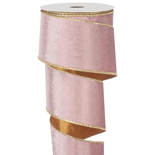 Pink Velvet Wired Ribbon, Christmas Ribbon Wired 2.5 inch Wide, 10 Yards Vintage Pink and Gold Ribbons for Christmas Tree Bow Ornaments, Gift Wrapping, Wreaths, Garland Crafts, Holiday Decoration