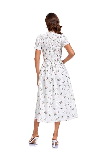 Image of RIHOAS Plaid Gingham Midi Dress Short Sleeve Smocked Dresses for Women | Cotton,Ruffle Puff Sleeves,Vintage Brown,Spring Summer Casual Daily,Picnic,Travel,Vacation,Christmas Festive Occasions