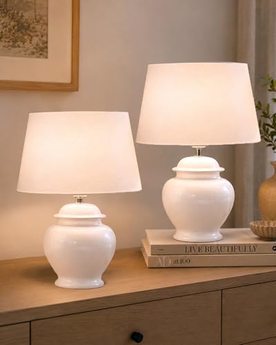 Image of Homesake Ceramic White Pot Base LED Table Lamp with Shade, Table Lamp for Bedroom Living Room, Modern Bedside Light, Nightstand Lamp for Home Office, Minimalist Style Accent Lighting Decor, (Daisy)