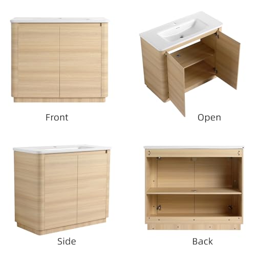 Image of 40 inch Bathroom Vanity with Ceramic Sink, Freestanding Bathroom Vanity with 2-Soft-Close Door, Soft-Closing Hinges & Hidden Handles for Home, Farmhouse, Easy to Clean Design, White Oak