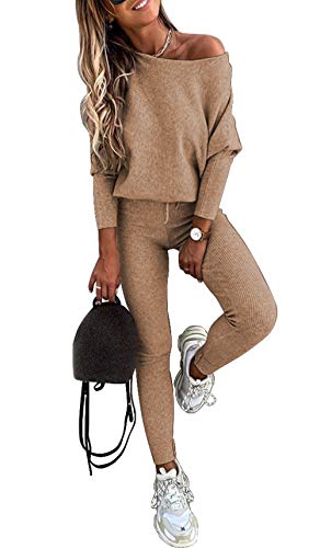 PRETTYGARDEN Womens Casual Two Piece Outfit Long Sleeve Off Shoulder Tops with Leggings Active Tracksuit Solid Lounge Wear Khaki