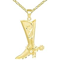 Jewelry America Textured 14k Yellow Gold Double Sided Cowboy Riding Boot with Spur Pendant Cuban Necklace, 18\"