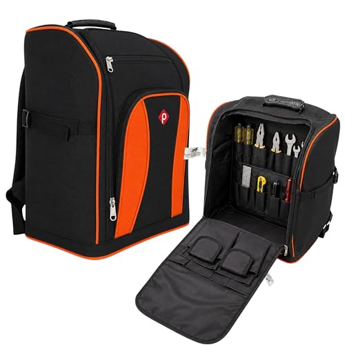 Image of PAHAL Professional Tool Backpack Heavy Duty, Large Capacity Multi-Pocket Backpack for Electrician, Technician, Carpenter, Plumber & Service Engineer, Water Resistant Nylon Tool Organizer, Black /Orange