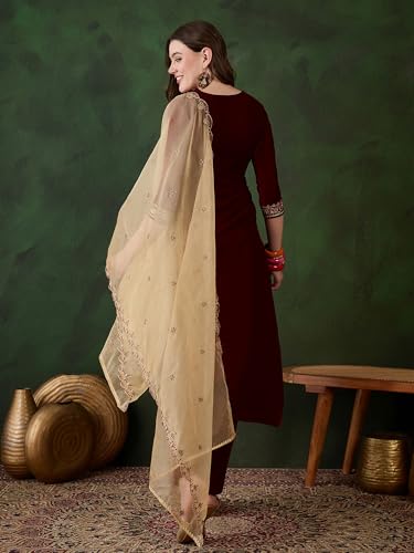 Image of SheWill Kurta Set for Women - Maroon Velvet Zari Sequence Cording Embroidered Kurta with Pant and Cutwork Organza Dupatta
