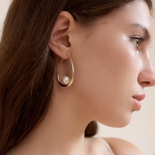 Image of Lightweight Teardrop Hoop Earrings for Women - 14k Gold /White Gold Plated Large Oval Pull Through Hoop Earrings High Polished Statement Jewelry Gift for Women