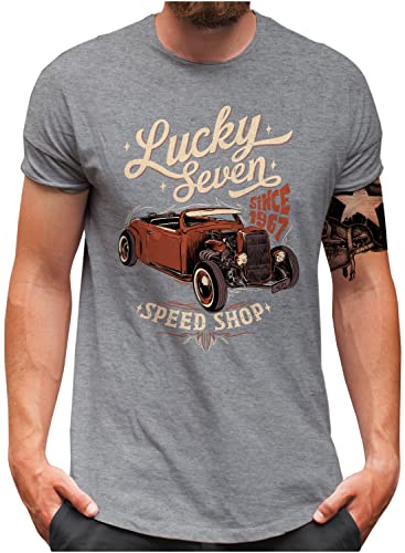 T-shirt Homme 5XL Lucky 7 US Hot Rod imprimé Muscle Car gris grande taille confortable