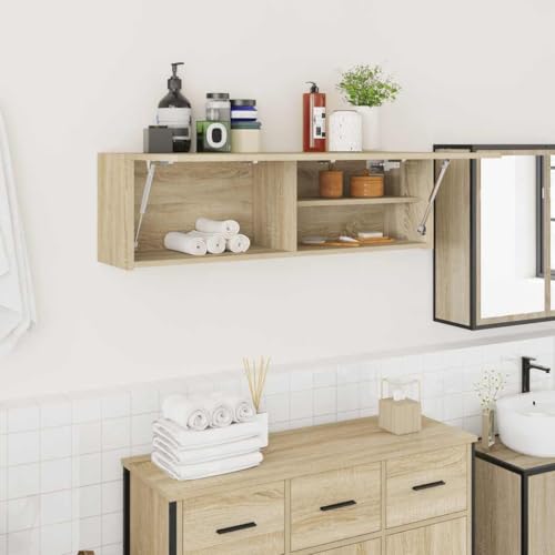 Owoxanthellate Armario de pared de baño de roble Sonoma, 100 x 25 x 30 cm, madera maciza de madera, puerta de cristal con resorte de gas, ahorra espacio para baño, cocina, salón y dormitorio