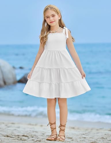 Arshiner Girls Summer Dress Tween Boho Casual Bowknot Strap Sleeveless Swing Flowy Ruffle Tiered Sundresses with Pockets2
