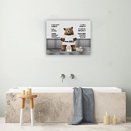 Bear Bathroom Wall Art Funny Bear In Toilet Bathroom Pictures For Wall Bathroom Rules Canvas Print Painting Black And White Bathroom Decor Farmhouse Framed Artwork For Bathroom Ready To Hang 12"X16" #TOP5